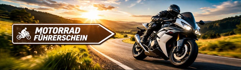 Wegweiser Motorrad-Führerschein – Wegweiser-Schild und Motorradfahrer in den Bergen