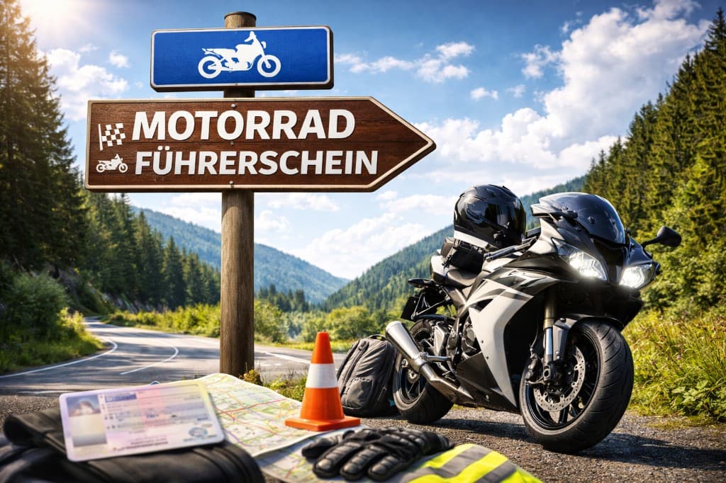 Wegweiser Motorrad-Führerschein – Schild und Motorrad auf Bergstrasse